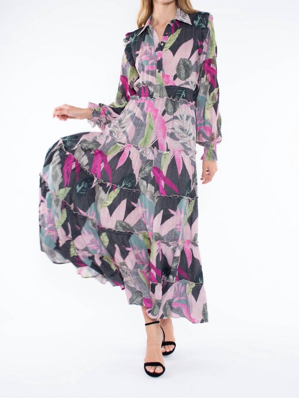TAJ By Sabrina Crippa Emma Smocked Pink Leaf Maxi Dress